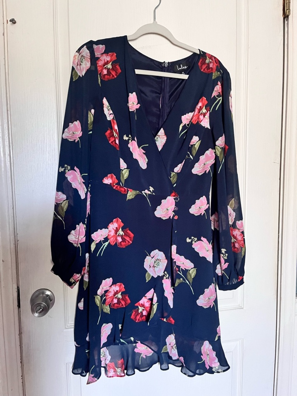 Lulu's Navy Floral Midi Dress with Pink & Red Blossoms